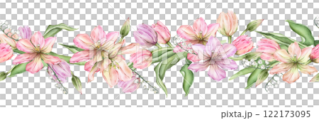 Seamless banner of light Pastel colors bud Tulips and lily of the valley. Watercolor illustration isolated on background. Hand drawn delicate spring flower for spring wedding design or border 122173095
