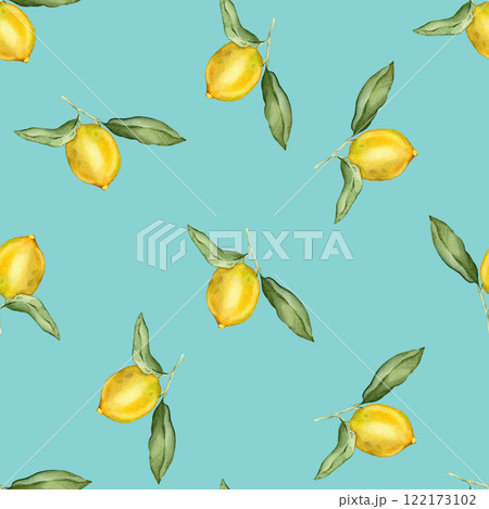 Seamless pattern with watercolor illustration of Lemon or Lime. Hand painted lemon branche with green leaves on white isolated background for juice label or icon. 122173102