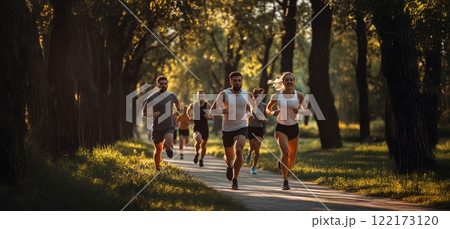 Team of young plus-size men and women running together in the park, training outdoors in autumn. Generated image 122173120