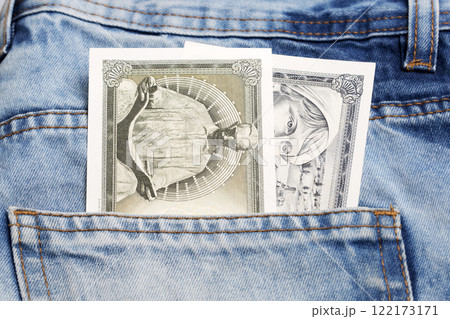 Yugoslav dinar in the pocket of blue jeans Yugoslav dinar in the pocket of blue jeans 122173171