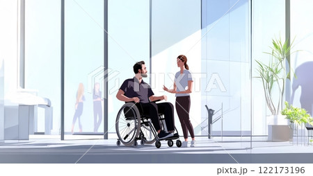 A diverse group of office workers, including a person in a wheelchair, discussing business moments in a modern office setting. Generated image 122173196