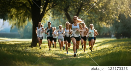 Team of young plus-size men and women running together in the park, training outdoors in autumn. Generated image 122173328