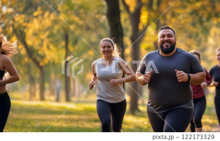 Team of young plus-size men and women running together in the park, training outdoors in autumn. Generated image Team of young plus-size men and women running together in the park, training outdoors in autumn. Generated image 122173329
