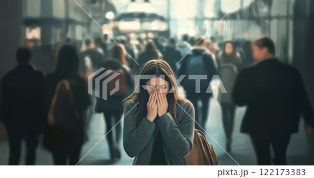 A woman experiencing a panic attack in a busy city street, surrounded by a crowd yet feeling isolated and overwhelmed. Generated image  122173383