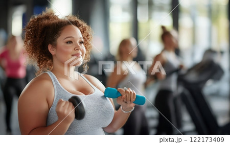 Plus size woman lifting dumbbells and training indoors at the gym, showcasing strength and determination. Generated image Plus size woman lifting dumbbells and training indoors at the gym, showcasing strength and determination. Generated image 122173409