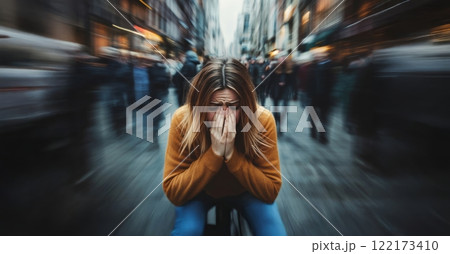 A woman experiencing a panic attack in a busy city street, surrounded by a crowd yet feeling isolated and overwhelmed. Generated image A woman experiencing a panic attack in a busy city street, surrounded by a crowd yet feeling isolated and overwhelmed. Generated image 122173410