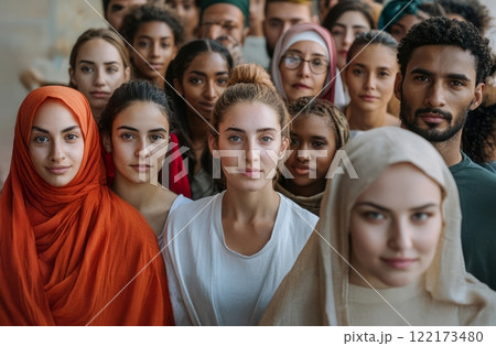 A diverse group of people from various races, ages, and beliefs smiling together at the camera. Generated image 122173480