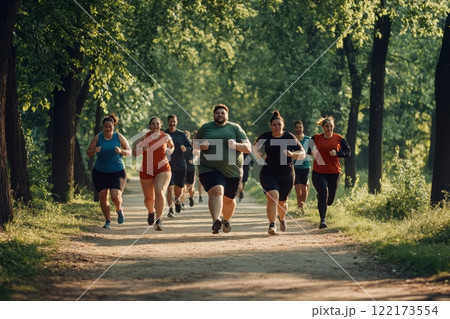 Team of young plus-size men and women running together in the park, training outdoors in autumn. Generated image Team of young plus-size men and women running together in the park, training outdoors in autumn. Generated image 122173554
