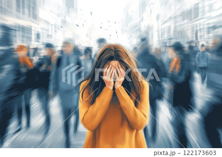 A woman experiencing a panic attack in a busy city street, surrounded by a crowd yet feeling isolated and overwhelmed. Generated image  122173603