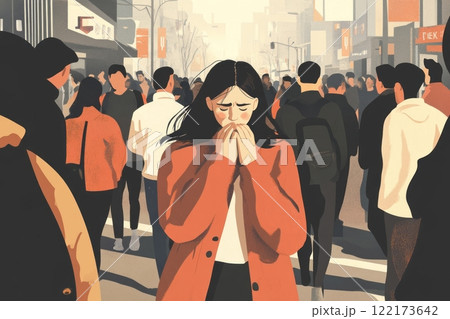 A woman experiencing a panic attack in a busy city street, surrounded by a crowd yet feeling isolated and overwhelmed. Generated image  122173642