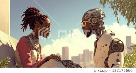 A cinematic African art-inspired spectral image featuring a black couple, mechanical engineer, and gameplay elements in a garnet colored African art style. Generated image 122173666