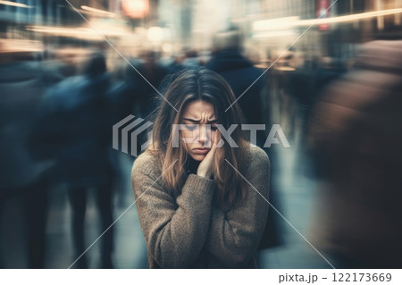 A woman experiencing a panic attack in a busy city street, surrounded by a crowd yet feeling isolated and overwhelmed. Generated image  122173669