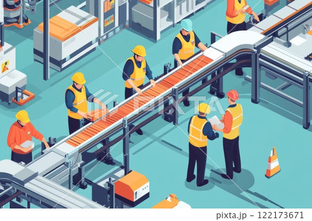 Engineers Inspecting Conveyor Belt Quality in a Modern Factory. Generated image  122173671