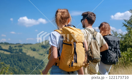 Group of Friends Hiking Towards a Mountain Summit with Gear. Generated image 122173710