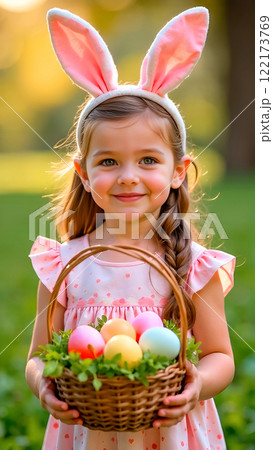 Cute little girl wearing headband with bunny ears holds basket of Easter eggs against backdrop of spring greenery 122173769