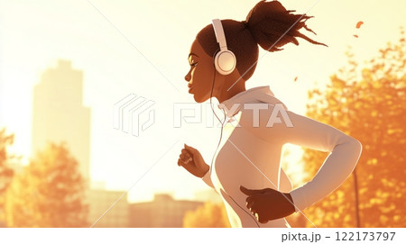 Curvy African woman running in a city park on a crisp autumn morning, wearing headphones.. Generated image 122173797