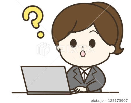 はてなとパソコンを使って疑問を持っているスーツを着た女性のイラスト 122173907