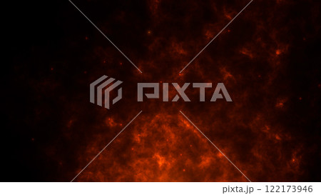 Realistic fire particles on a dark red background of smoke and ash. Orange abstract moving fireplace sparks on the smoke screensaver. Flame particles from the fire move in the wind. 122173946