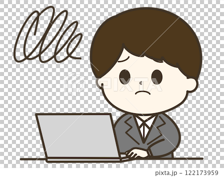 A cute and relaxed illustration of a man in a suit using a computer with a frustrated look on his face A cute and relaxed illustration of a man in a suit using a computer with a frustrated look on his face 122173959