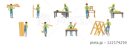 Man Carpenter Character in Woodworking Industry Vector Set 122174250