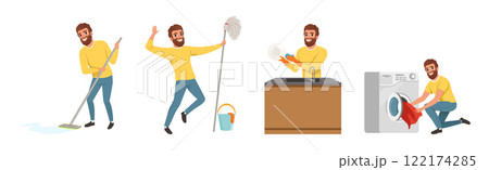 Bearded Man Character Engaged in Daily Housework Vector Set 122174285