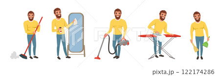 Bearded Man Character Engaged in Daily Housework Vector Set 122174286