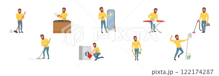 Bearded Man Character Engaged in Daily Housework Vector Set 122174287