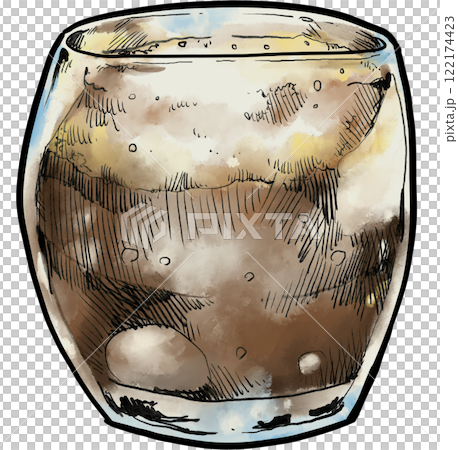 brown drink in glass cocoa, chocolate, cola cocktail hand draw illustration pen art 122174423