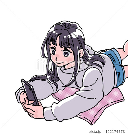 スマホを見つめる女性のイラスト 122174578