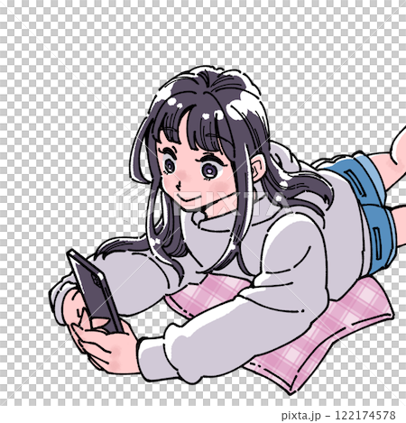 スマホを見つめる女性のイラスト 122174578