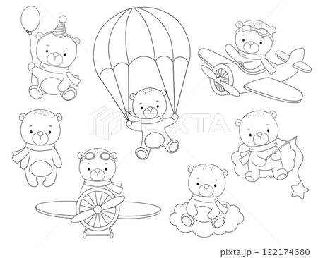Cute bear pilot on airplane, line hand drawn illustrations set isolated on white background for coloring book or page Cute bear pilot on airplane, line hand drawn illustrations set isolated on white background for coloring book or page 122174680