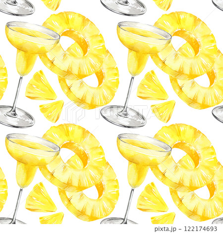 watercolor seamless pattern with cocktail glass and slices of pineapple, hand drawn pineapple, triangular ripe slices of pineapple, sketch of yellow tropical fruit, food illustration 122174693