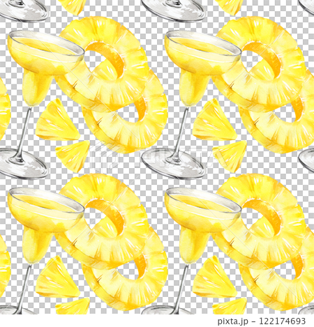 watercolor seamless pattern with cocktail glass and slices of pineapple, hand drawn pineapple, triangular ripe slices of pineapple, sketch of yellow tropical fruit, food illustration 122174693