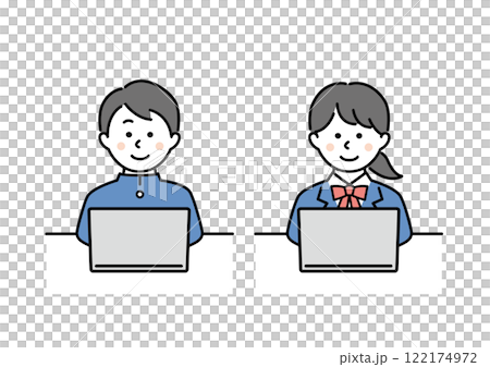 パソコンで勉強をする学生の男女 122174972