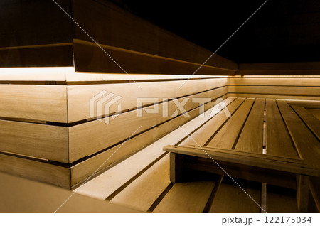 Modern bathroom with wooden wall and bench Modern bathroom with wooden wall and bench 122175034