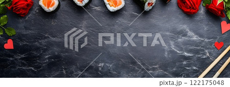Valentine banner, black chalkboard background. Mock up with sushi, rolls, red hearts, red rose, an empty space. Template for Valentine's Day menu, restaurant advertisement, food blogs, mock up. Valentine banner, black chalkboard background. Mock up with sushi, rolls, red hearts, red rose, an empty space. Template for Valentine's Day menu, restaurant advertisement, food blogs, mock up. 122175048