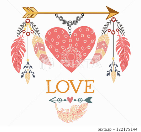 Boho tribal style elements with arrows, feathers and heart 122175144