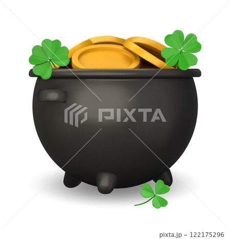 3D black pot full of gold coins. Leprechaun cauldron with four and three-leaf clover. Vector 3D realistic illustration for St. Patricks Day. Isolated on white background. 122175296