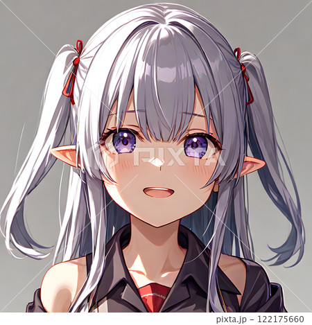 ポニテ髪エルフのお姉さんキャラクターカード　ウラシク　6枚 No.212 銀髪ツインテールのエルフ風少女の微笑みポートレートのイラスト素材