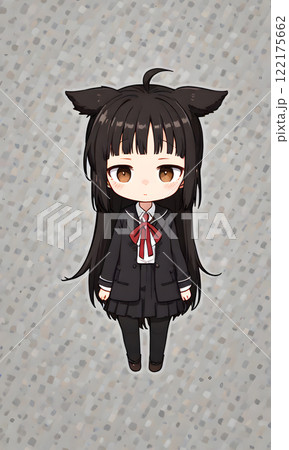 黒い制服と猫耳をつけた可愛いチビキャラクターのイラスト 122175662