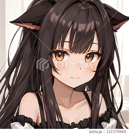 黒髪の猫耳少女と柔らかな微笑みのポートレートのイラスト素材
