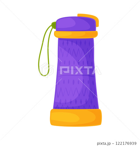 Colorful illustration of a purple thermos bottle with orange accents and a green strap, ideal for camping or travel themes. Colorful illustration of a purple thermos bottle with orange accents and a green strap, ideal for camping or travel themes. 122176939