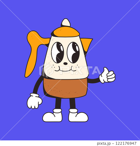 Cute cartoon-style coffee pot character with expressive eyes, smiling face, and thumbs-up gesture on a bright blue background. Cute cartoon-style coffee pot character with expressive eyes, smiling face, and thumbs-up gesture on a bright blue background. 122176947