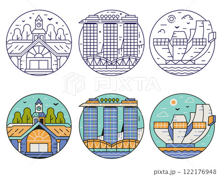Singapore Landmarks and Symbols Line Icons Singapore Landmarks and Symbols Line Icons 122176948
