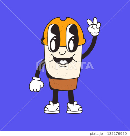 Friendly cartoon teapot character with a big smile, orange cap, and peace gesture on a bright blue background. Friendly cartoon teapot character with a big smile, orange cap, and peace gesture on a bright blue background. 122176950