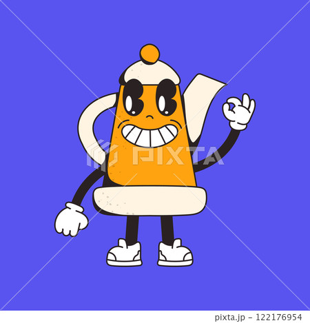 Cheerful cartoon teapot character with a big smile, bright orange body, and playful expression on a solid blue background. 122176954