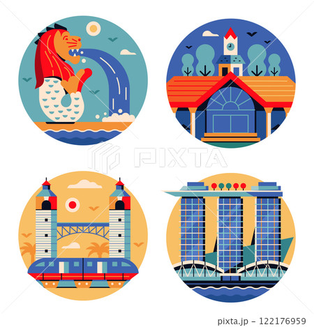Singapore Travel Circle Icons in Flat Design 122176959