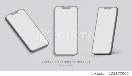 smartphone clay mockup with blank screen in different angles view isolated on grey background. minimalist mobile phone with shadow for application design presentation. vector 3d isometric illustration 122177006