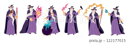 Cartoon magician character. Old wizard with beard and cap. Mystery man in mantle makes potions. Sorcerer doing magic. Warlock casts spells with wand. Merlin poses. Garish vector set Cartoon magician character. Old wizard with beard and cap. Mystery man in mantle makes potions. Sorcerer doing magic. Warlock casts spells with wand. Merlin poses. Garish vector set 122177015