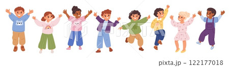 Cute jumping children. Happy kids having fun. Funny boys and girls rejoice. Cartoon primary school students. Excited emotion expressions. Joyful teenager gestures. Garish vector set 122177018